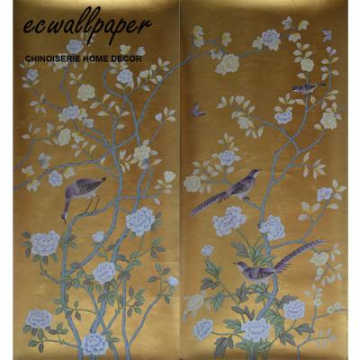 China Traditional Good Quality Chinoiserie Hand Painted Wallpaper On Metallic Gold for sale