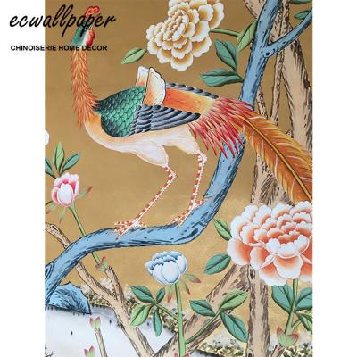 China Cheap and high quality Chinoiserie traditional panel hand painted wallpaper on metallic gold for sale