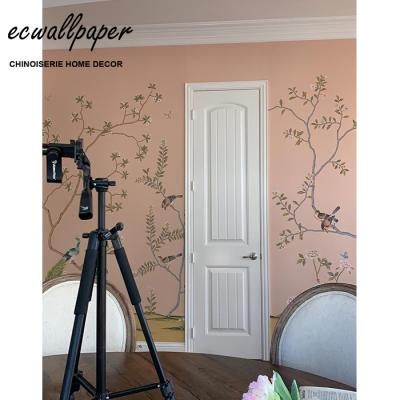 China Traditional Pink Chinoiserie Hand Painted Silk Wallpaper for sale