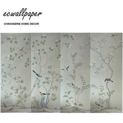 China Traditional Good Quality Chinoiserie Wallpaper Hand Painted Wallpaper On Blue Silk for sale