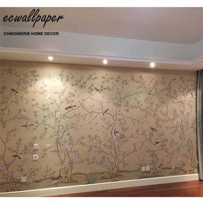 China Traditional Chinoiserie Flower Trees Hand Painted Wallpaper On Silk With Partial Embroidery for sale