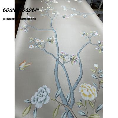 China Traditional Good Quality Chinoiserie Wallpaper Hand Painted Wallpaper On Blue Silk for sale