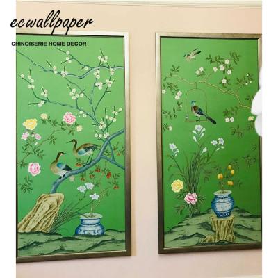 China Traditional Chinoiserie Panel Hand Painted Wallpaper on Green Silk - Accept Custom Size for sale