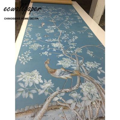 China Traditional Chinoiserie Panel Hand Painted Wallpaper on Blue Silk for sale