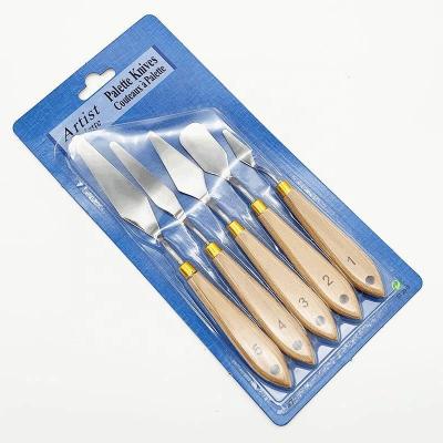 China Art Tool Wholesale Different Size Paint Knife Handle Painting Palette Knife Wood Drawing Spatula Set 5PCS for sale