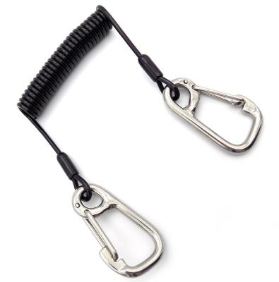 China High Tention 5.0mm Black Coil Tool Lanyard With Swivel Carabiner And Key Ring for sale