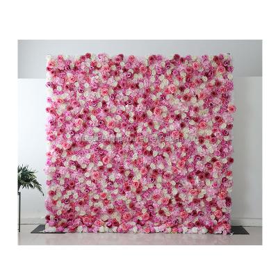 China Wedding Party Decoration 3d  Pink roll up flower wall backdrop artificial flower wall 8X8 for baby shower for sale