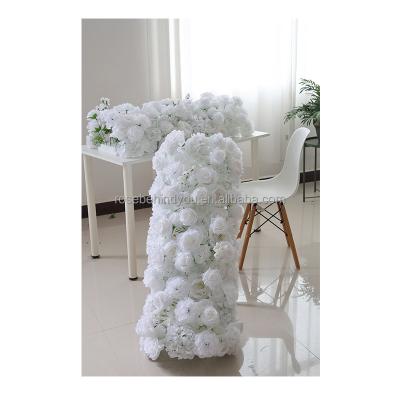 China Custom bridal party decoration wedding decor all white 3D flower runner centerpiece white rose artificial flower table runner for sale