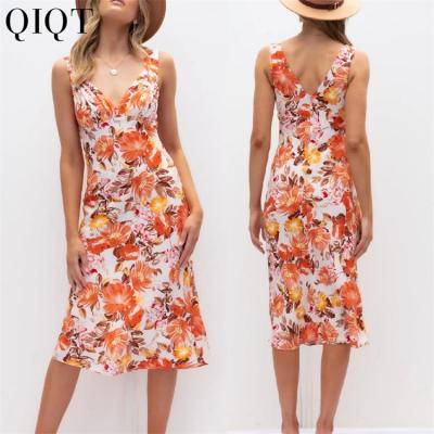 China Women's Summer Hot Selling Printed Casual Dresses Sleeveless Anti-wrinkle V-neck Long Dresses for sale