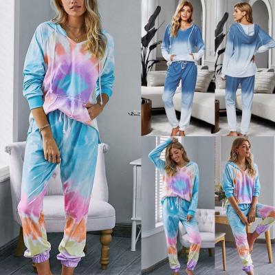 China 2021 Breathable Tie Dye T-shirts Printing Women's Two-Piece Sleepwear Women's Clothing Suit Long Sleeve for sale