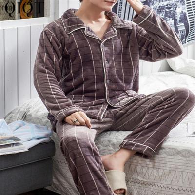 China FORLADIES Latest Design Winter QUICK DRY Soft Coral Velvet Plaid Pajamas Two Piece Set Casual Home Set Men for sale