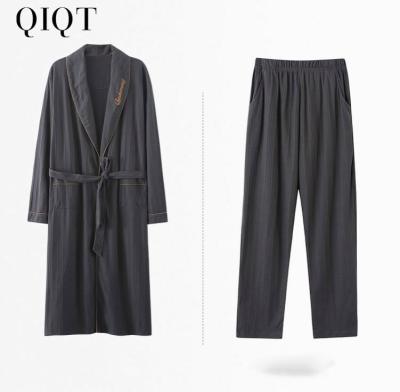 China 2021 Spring Autumn Cotton Long Sleeved Nightgown Thin Pants Breathable Fashionable Two Piece Pajamas Men for sale