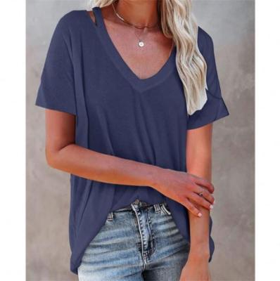 China FORLADIES anti-pilling hot sale 2021 summer V-neck solid color woman ripped T-shirt ladies tops women blouse for sale