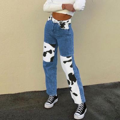 China Breathable Straight Casual Cow Printing Pockets Stitching Zipper Jean Pant Woman for sale