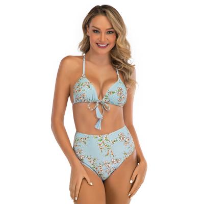 China Fashionable Antibacterial Floral Print Halter Fringe Tied Up Two Piece Swimwear High Waist Bikini Panties Set Ladies for sale