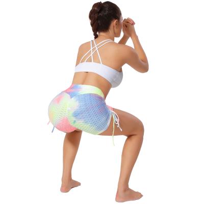 China Breathable Tie Dyed Bubble Drawstring Yoga Fit Gaiters Contrast Waist Butt Lift Jogger High Sweat Shorts for sale