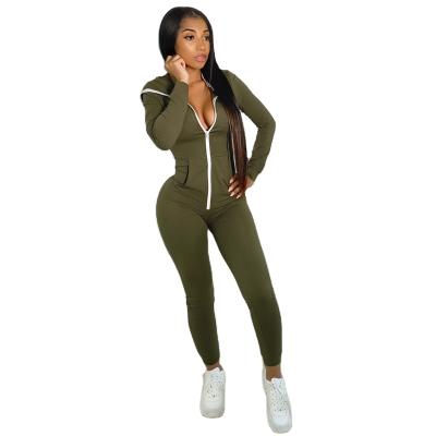 China Anti-pilling Designer Personalized Solid Color Hooded Zip Long Fitness Overalls For Women for sale