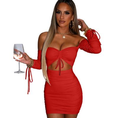 China Supplier Anti-Static Off Shoulder Long Sleeve Pleated Cut Out Bandage Hip Skirt Bodycon Dress For Women for sale