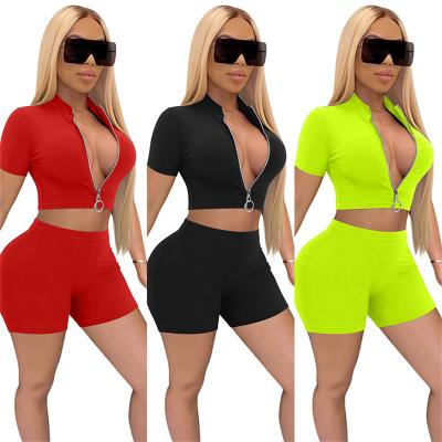 China New Arrival QUICK DRY African Women Zip Up Short Sleeve Crop Tops Shorts Two Piece Sets For Women for sale