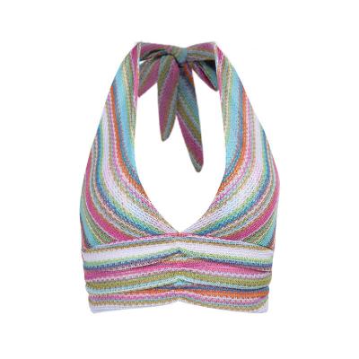 China QUICK DRY Summer Stretching Deep V Strapless Crop Tank Top Colorful Stripe Pleated Female for sale