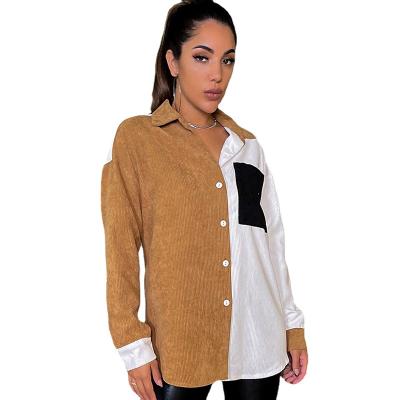 China New Breathable Trendy Contrast Pocket Turn Down Neck Rib Knit Loose Button Up Shirt Coat Women for sale