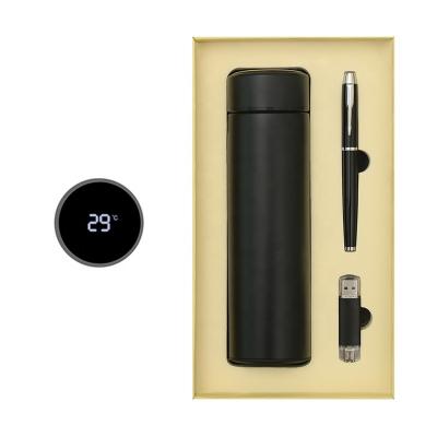 China Agriculture Fast Selling 3 in 1 Business Vacuum Water Bottle Smart Led Gift Set Promotional Wedding Gift Set with USB Drive and Metal Pen for sale