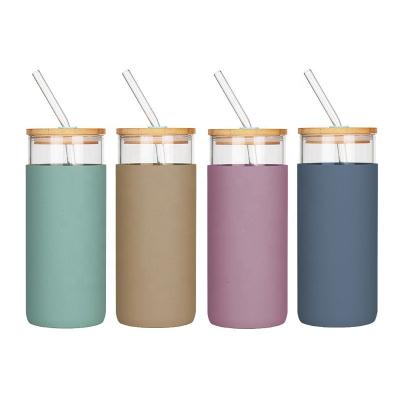 China WITH LID 20oz BPA Free Glass Water Bottle With Wooden Lip PP Sleeve To Protect Beverage Glass Water Bottle 600ml With Silicone Wooden Straw for sale