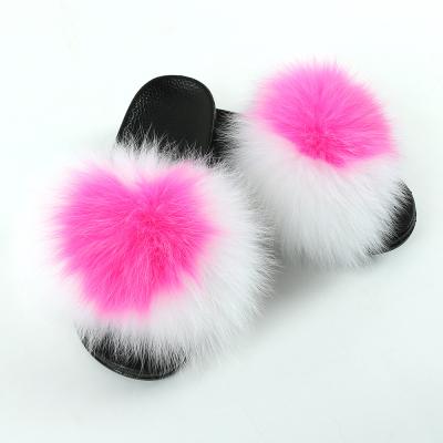 China Wholesale Flat Fox Fur Slide Ladies Summer Fashion Trend Raccoon Fur Women Slides Fluffy Sandal Slippers for sale