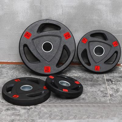 China Black Rubber Coated Holes Gear Black Rubber Coated Hand Grip 3 Barbell Tri Grip 3 Barbell Weight Bumper Plate for sale