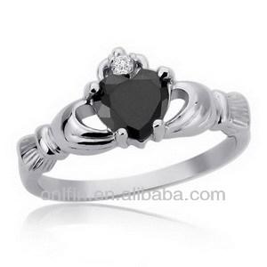 China Sterling Silver 14K White Gold Plated Black Heart CZ Claddagh Ring For Women Celtic for sale