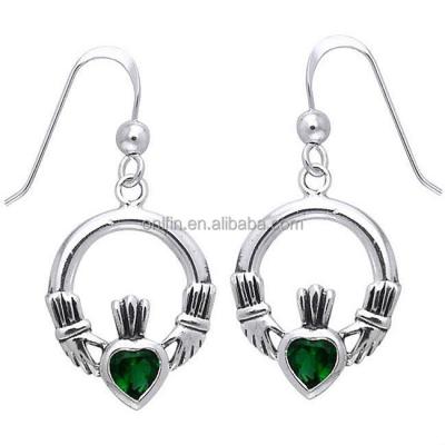 China Vintage Design 925 Claddagh Symbol Style Vintage Design 925 Sterling Celtic Claddagh Earring Silver CZ Green Earring for sale