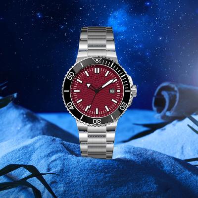 China Hot Selling Custom Mechanical Automatic Movement Dive Men Wrist Watch Full Calendar Wine Red 30ATM Stainless Steel OEM Dive Watch for sale