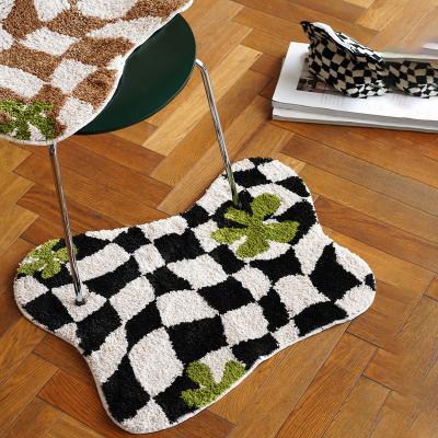 China Bedroom Kitchen Toilet Carpet Retro Plaid Entrance Hallway Mat Blankets Non-slip Irregular Flocking Floor Mat Bedroom Kitchen Toilet Carpet for sale