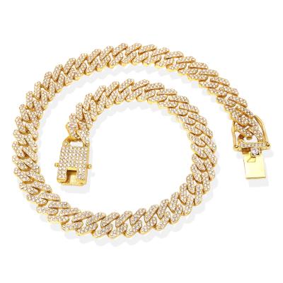 China Hip Hop Duyizhao Hip Hop Iced Out Double Row Cuban Diamond Rhinestones Chain 13mm Gold Filled Hip Hop Jewelry Alloy Mens Punk Necklace for sale