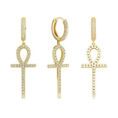 China Other Duyizhao Original Classic Personality 925 Sterling Silver 14k Gold Ankh Cross Huggie Style Bling Drop Earrings for sale