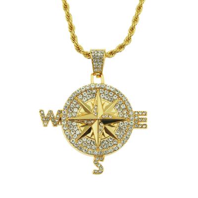 China Hip Hop Fashion Alloy Rhinestone Dangle Crystal Compass Pendant Necklace For Men for sale