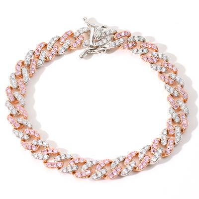 China Pink And White Hip Hop Cuban Chain Zircon Hip Hop Bracelet 9mm Single Row For Men And Women for sale