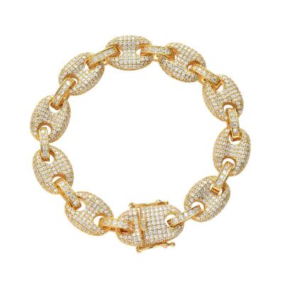 China Hiphop 12mm Hiphop 18K Brass Micro Paved Coffee Bean Chain Bracelet Jewelry For Male for sale