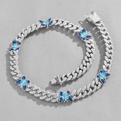 China Beautiful Hip Hop 12mm Butterfly Necklace Blue Gold Plated Alloy Diamond Chain Necklace Men Fashion Cuban Chain Jewelry for sale