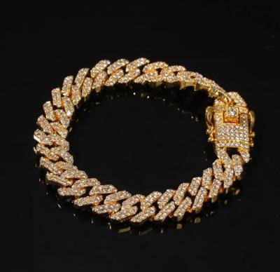 China Hiphop 12mm Miami Link Chain Bracelet Cuban Rhinestone Alloy Iced Out Cuban Hip Hop Bangles Bracelet Jewelry 18k Gold Punk Bangle for sale