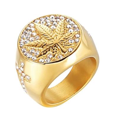 China Custom Men's Hip Hop Hip Hop Ring Punk Mariju Leaf Alloy Iced Ring Hip Hop Gold Weed Leaf Diamond Ring Wholesale Jewelry for sale