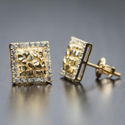 China Mens Hiphop Gold Square Sterling Silver Earrings Hip Hop Screw Nugget Jewelry Iced Out CZ Stud Earrings Punk Style Back for sale