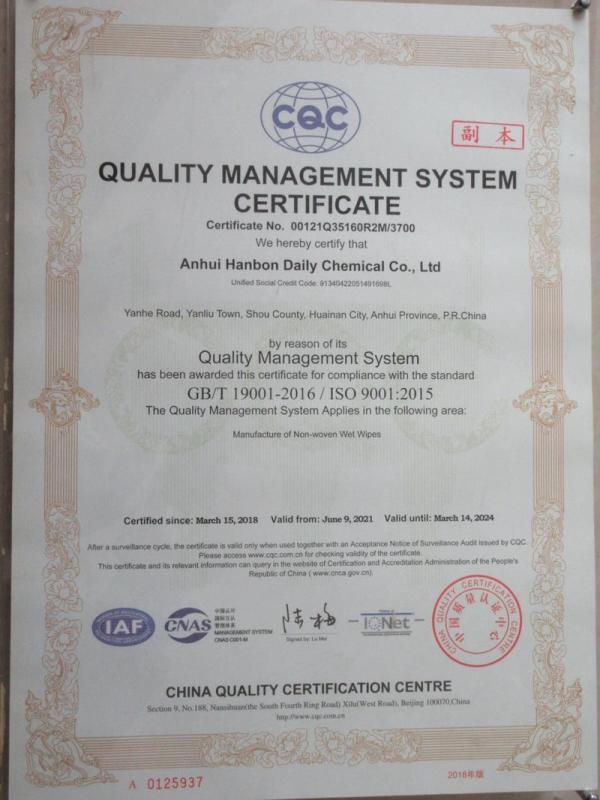 ISO9001 - Anhui Hanbon Daily Chemical Co., Ltd.