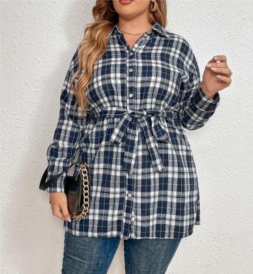 China Custom made black+plaid plus size label fashion print plus size friend style shirt long sleeve casual outfits plus size women clothing for sale