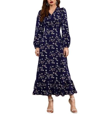 China 2022 New Autumn Women's Casual V-neck Sleeve Ruffle Printed Skirt Full Sleeve Anti-static Long Dress Printed Long Dress for sale