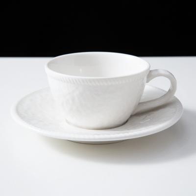 China WEIYE OEM/ODM HoReCa Viable White Porcelain Embossed Coffee Tea Cup Ceramic Cup And Saucer Set for sale