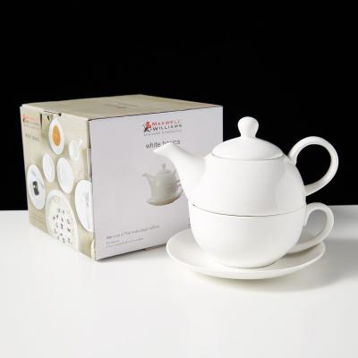 China WEIYE 3pcs OEM ODM Tea Set Viable Durable White Porcelain Stackable Teapot 425ml 250ml Cup And Saucer Set Ceramic Teapot for sale