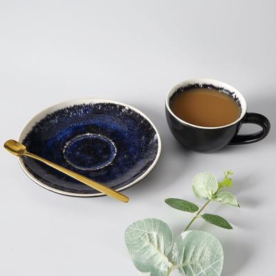 China WEIYE Cup And Saucer Tea Set Coffee Cup Sustainable Luxury Dark Blue White For Hotel for sale