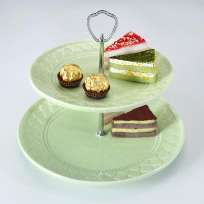 China WEIYE Sustainable Color Glazed 2 Tiers Double Layers Stand Up Ceramic Snack Dessert Plate For Wedding for sale