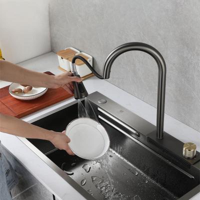 China With Faucet 7645 Sanitary Ware Double Bowl Wash Basin Stainless Steel Kitchen Undermount Handmade Sink With Waterfall Faucet for sale